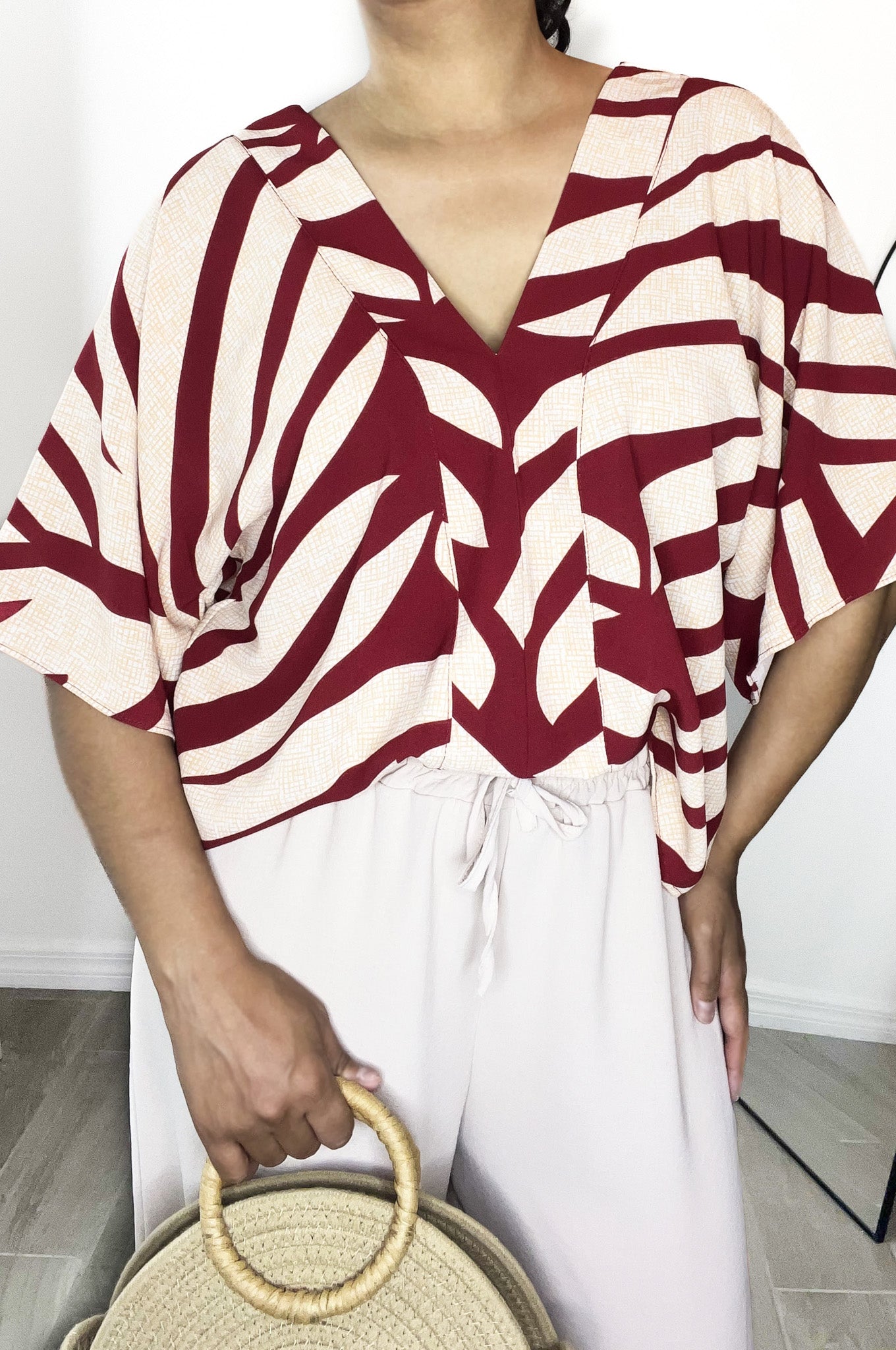 Geo Tie-Back Flare Blouse | Merlot