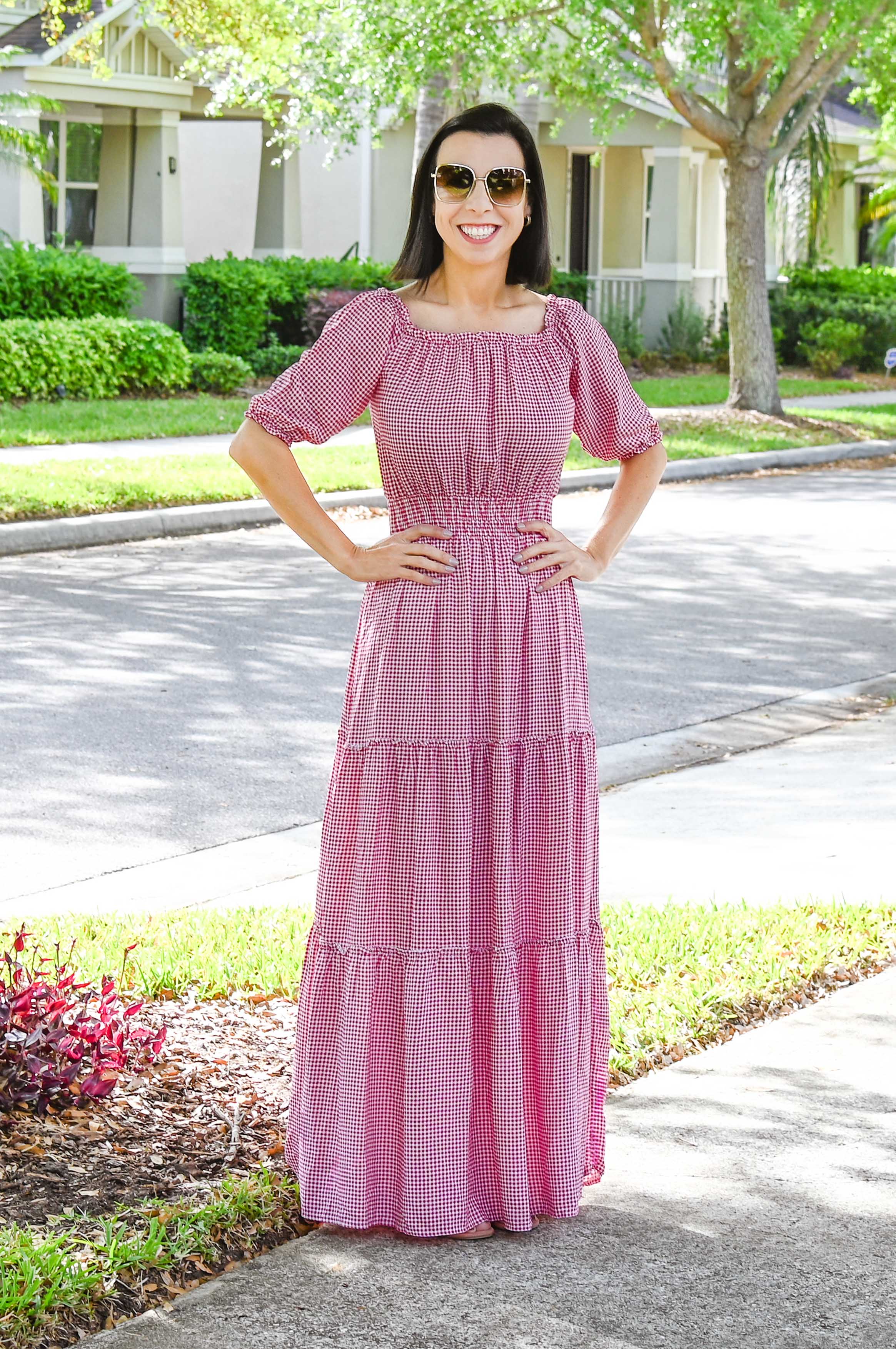 red gingham off the shoulder dress Ruffle Off The Shoulder Gingham Dress In RED
