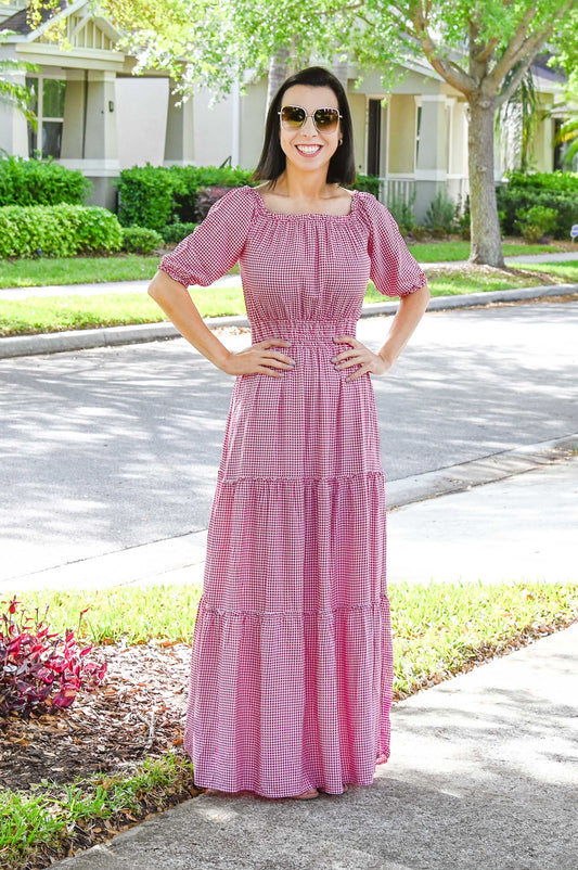 Checkered Off-The-Shoulder Maxi Dress | Red & White