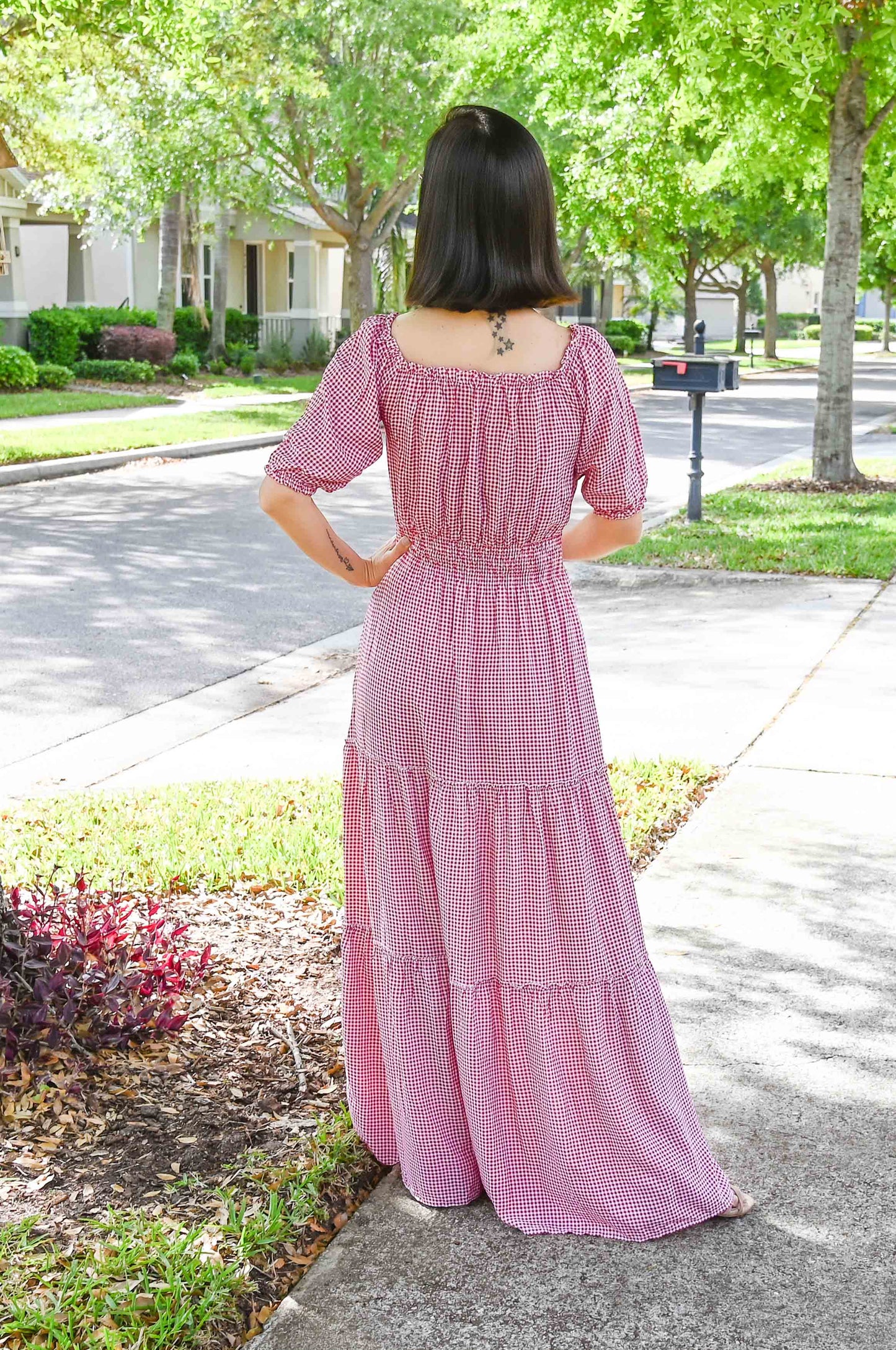 Checkered Off-The-Shoulder Maxi Dress | Red & White