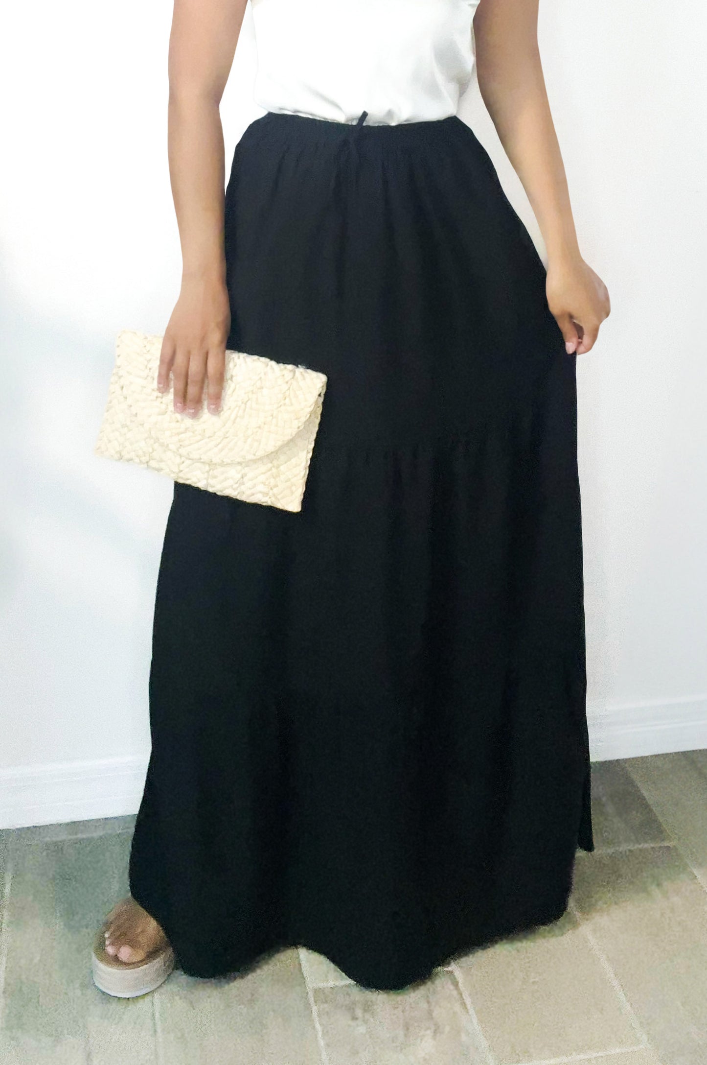 Elastic Waist Hem Maxi Skirt - Black