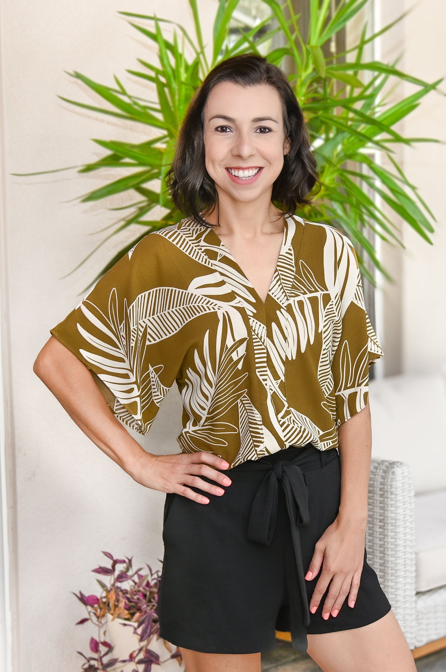 Tie-Back Flare Blouse | Tropical Print