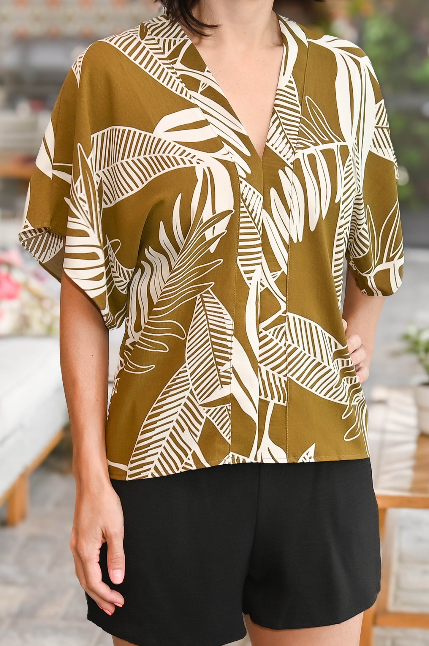 Tie-Back Flare Blouse | Tropical Print