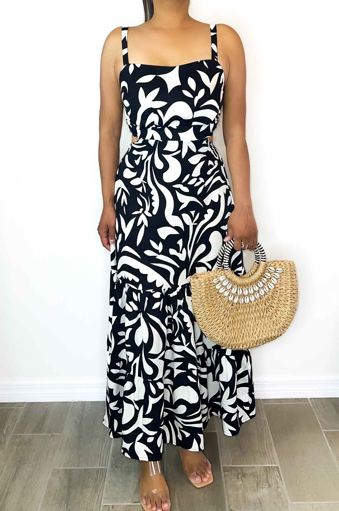 Black And White Cut Out Sides Ankle Length Dress | Resort Dress