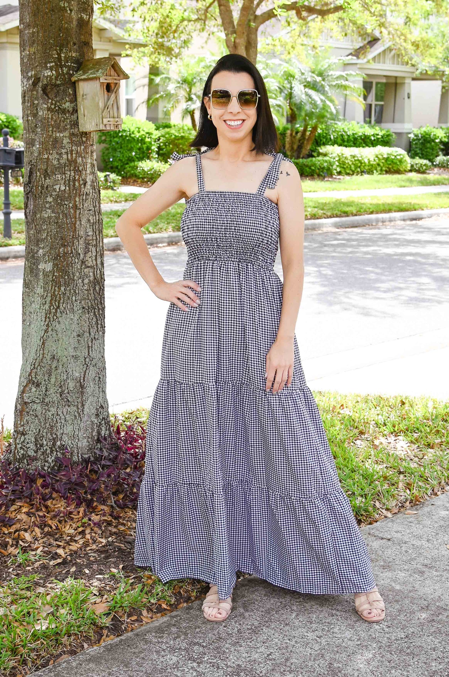 Check Smocked Maxi Dress | Black & White