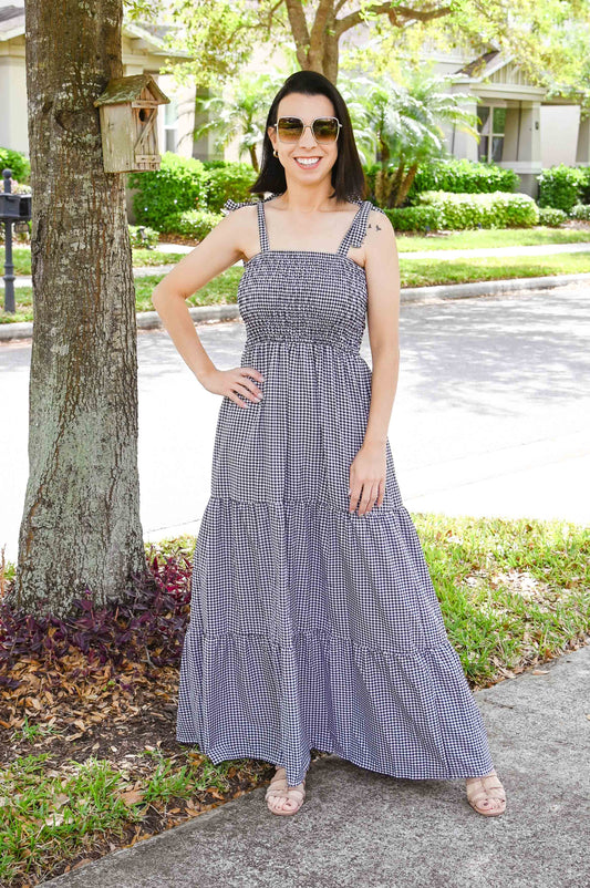 Check Smocked Maxi Dress | Black & White