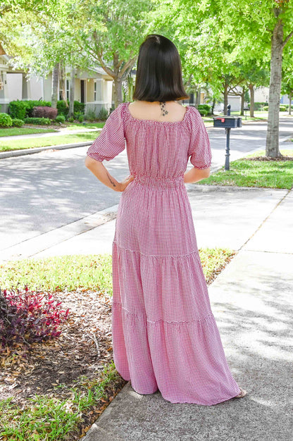 Checkered Off-The-Shoulder Maxi Dress | Red & White