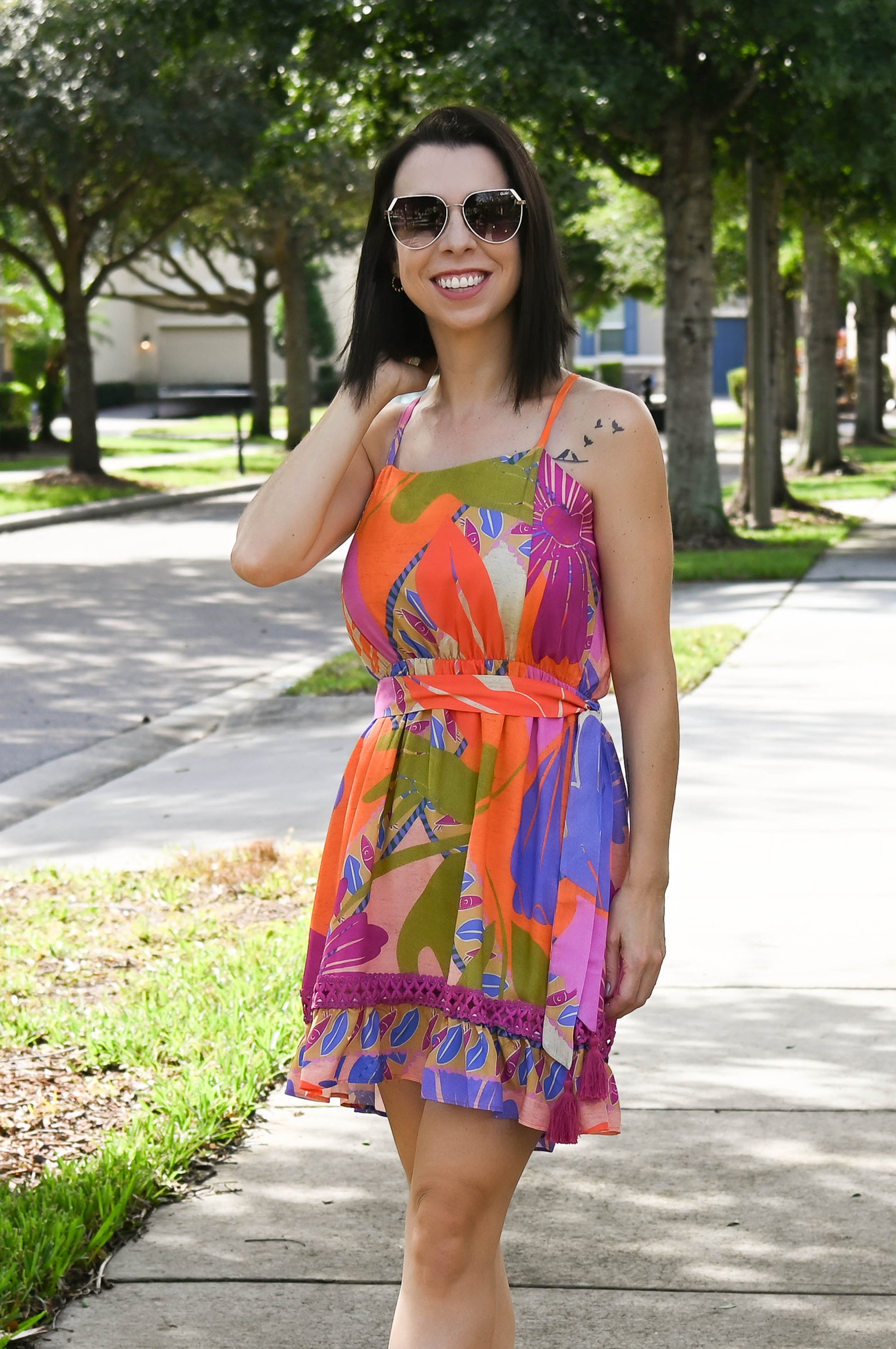 boutique lo floral satin ruffle dip hem dress Floral Ruffle Trim Dress Loloh Boutique