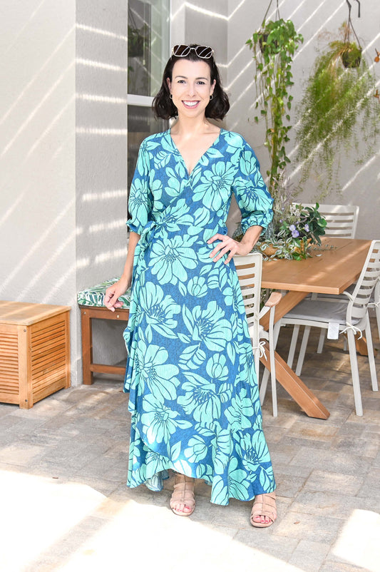 Floral Wrap Maxi Dress | Turquoise Blue