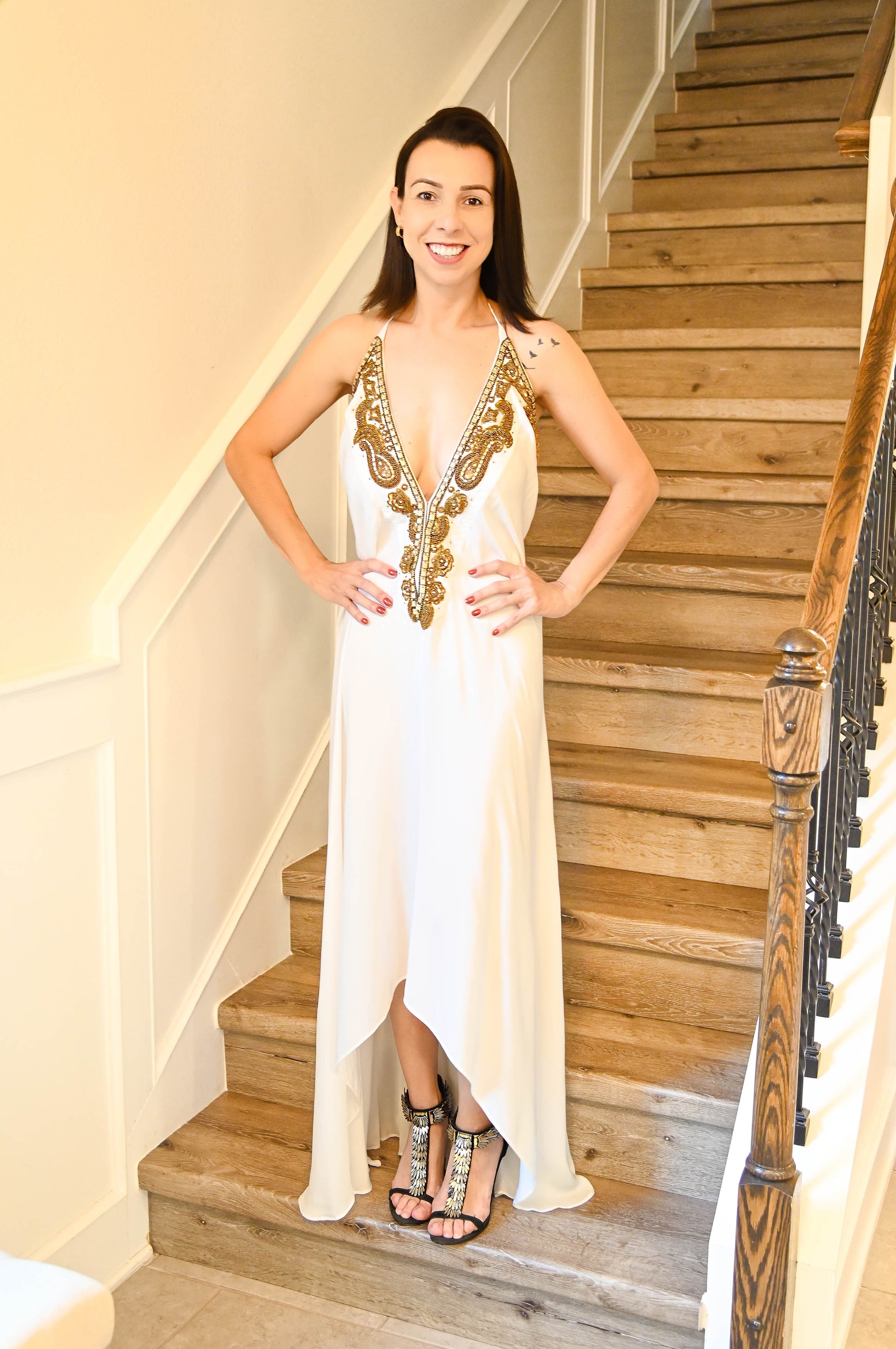 Gold and White Beaded Long Dress Gold and White Beaded Long Dress