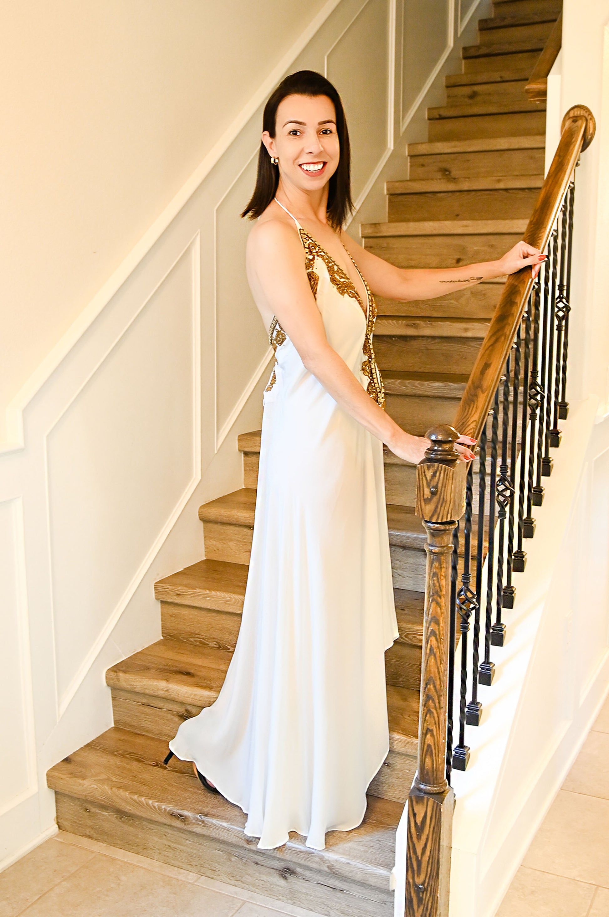 white and gold beaded dress Jovani 07031 White Beaded Sheer Pageant Dress