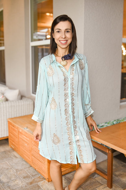 Long Sleeve Lurex Shirt Dress | Blue & Gold