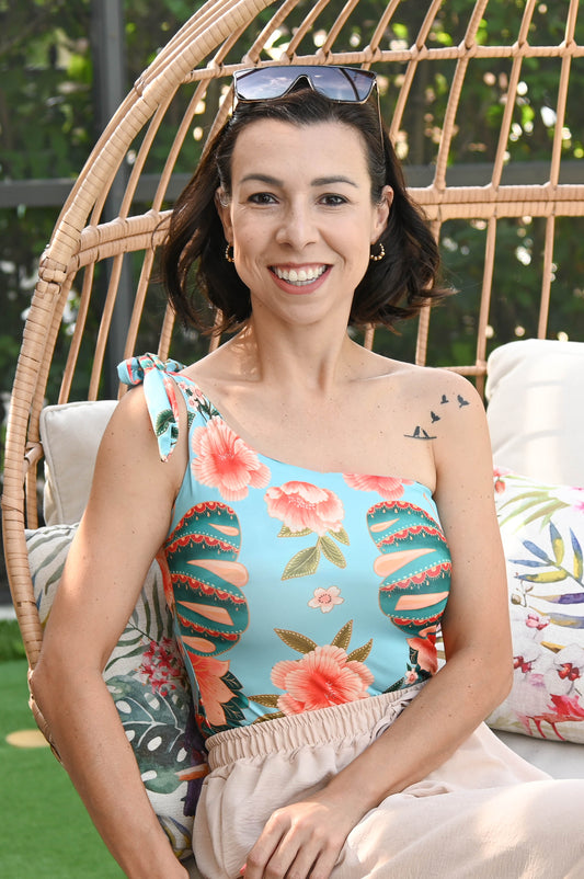One Shoulder Hibiscus Print Bodysuit | Multicolor
