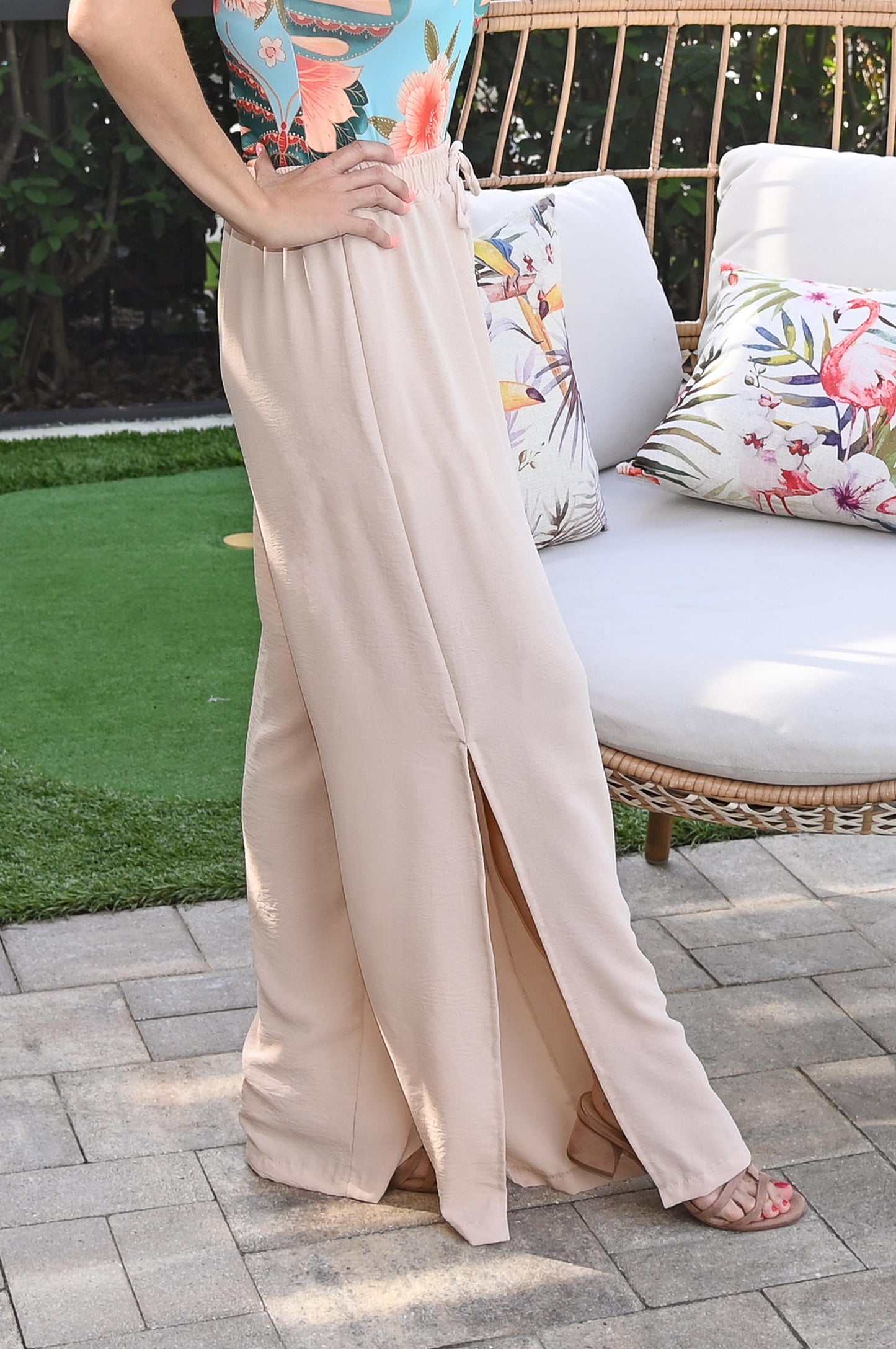Paradise Side Slit Wide-Leg Pants - Beige