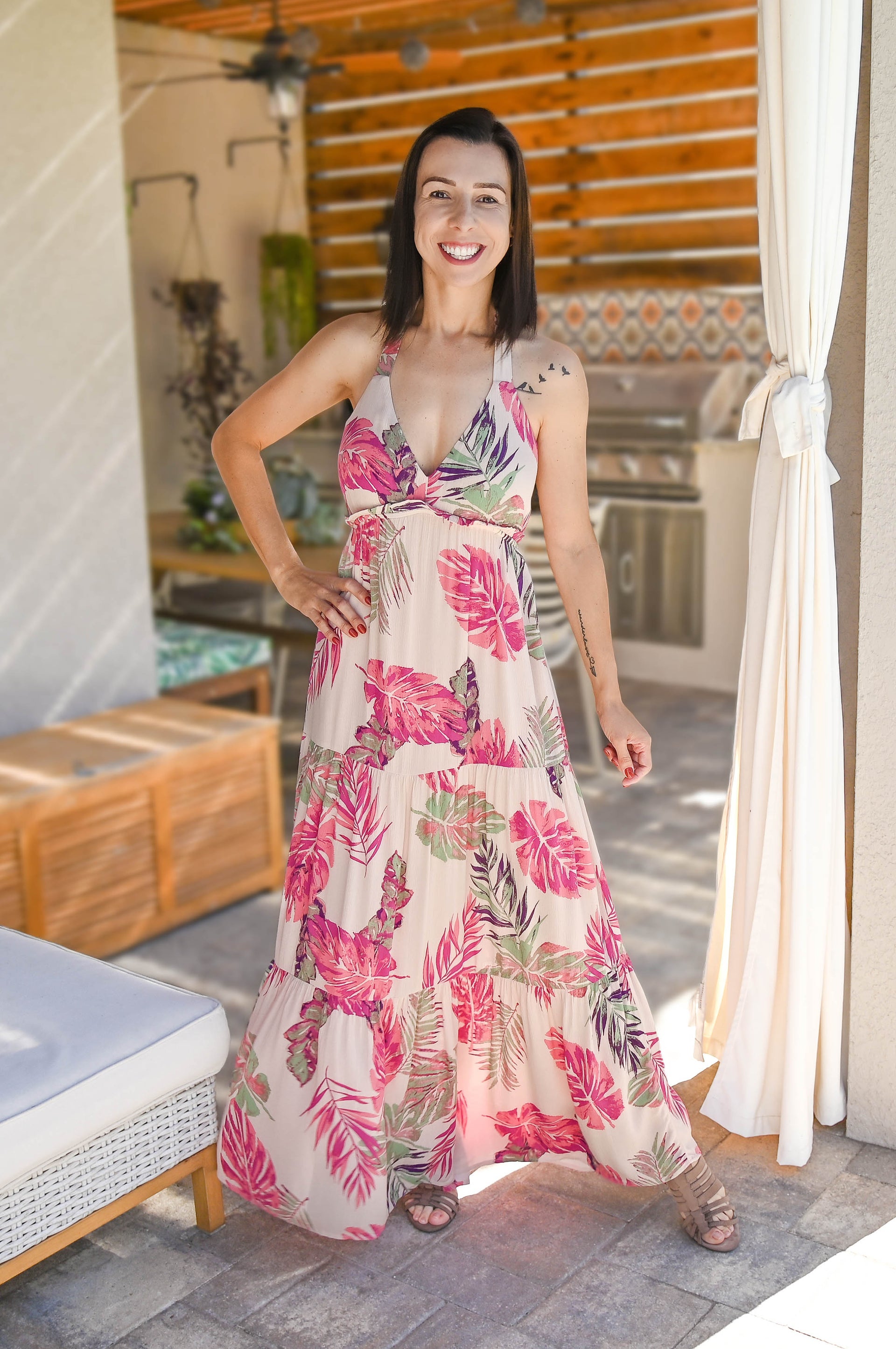 pink ruffle hem dress V-Neck Belted Ruffle Hem Dress