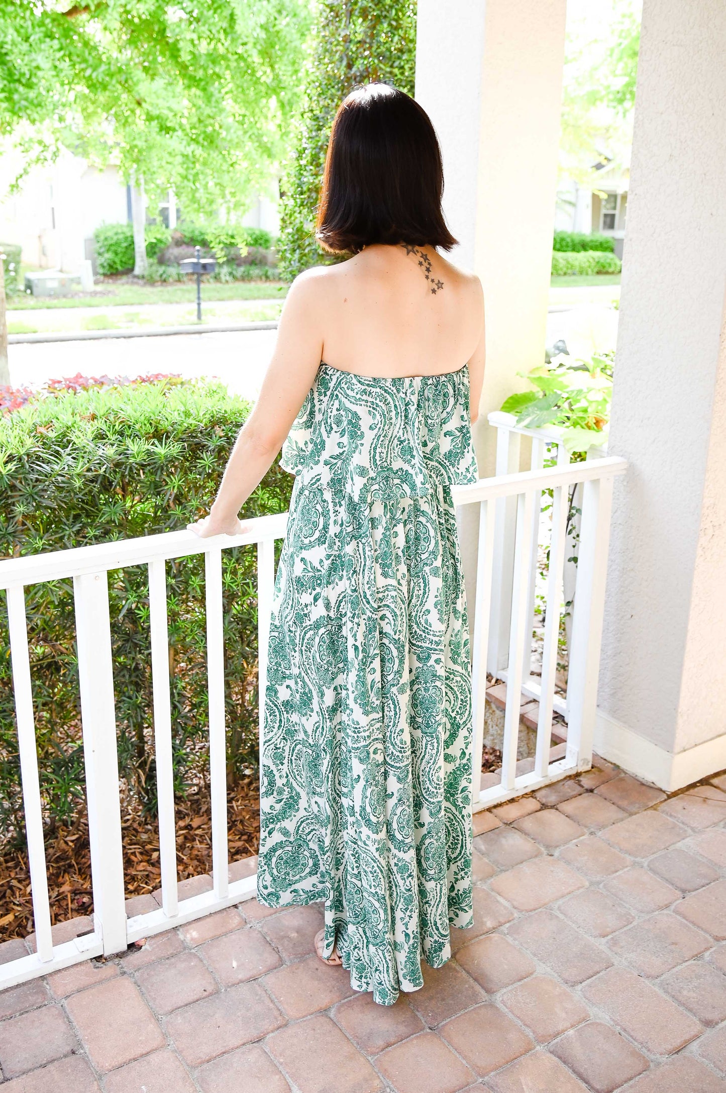 Spring Damask Tube Belted Maxi Dress | Green