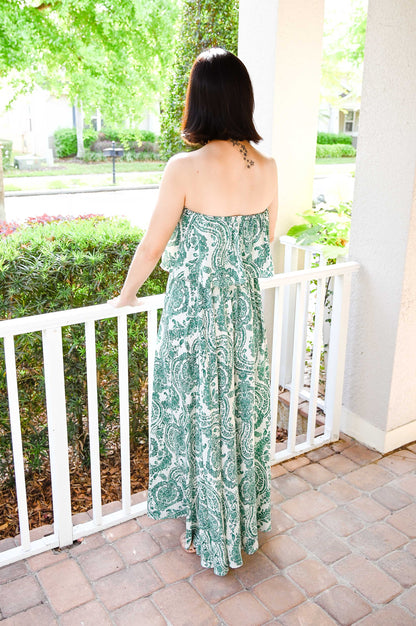 Spring Damask Tube Belted Maxi Dress | Green