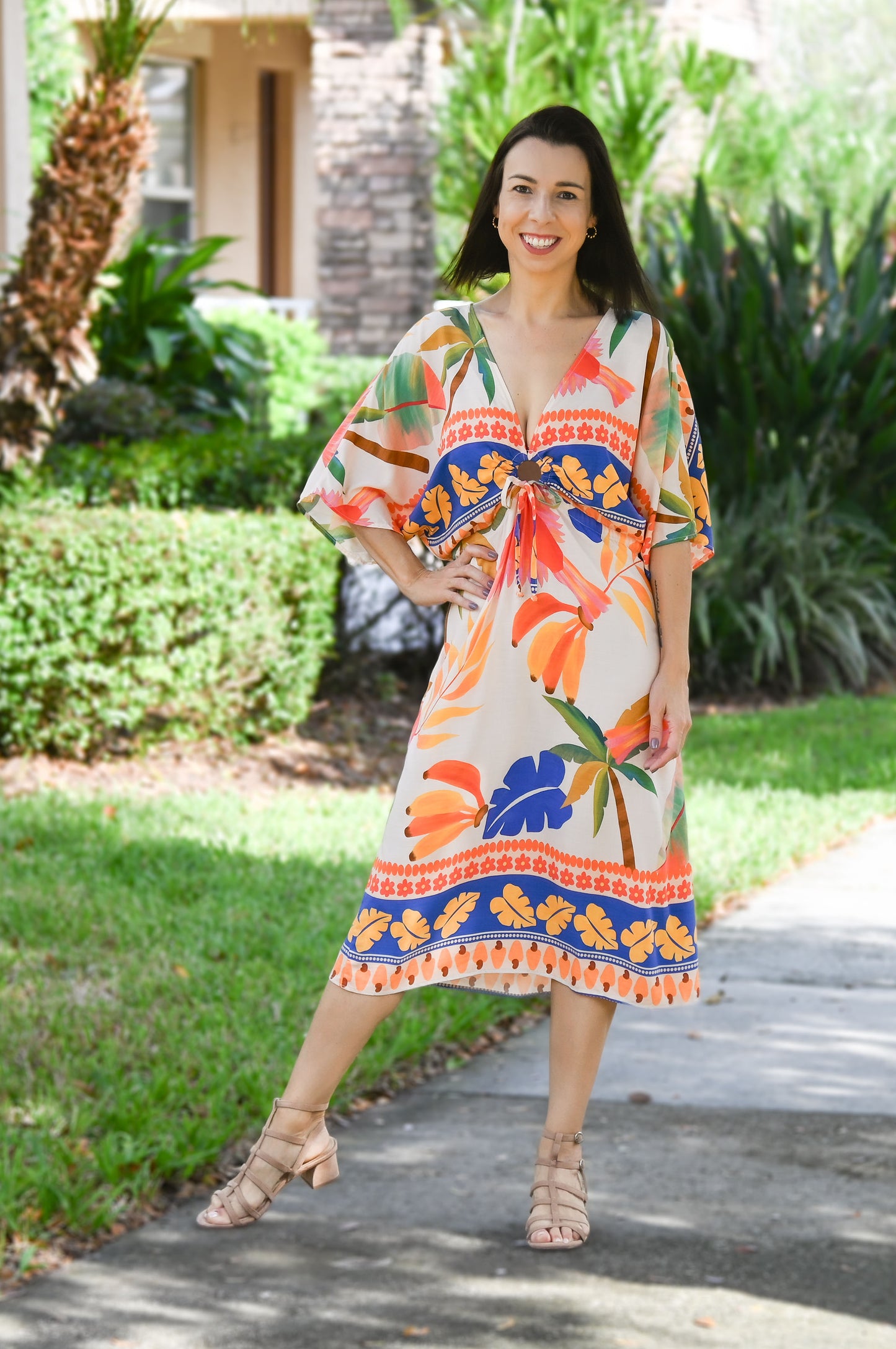 Tropical Bat Wing Midi Dress