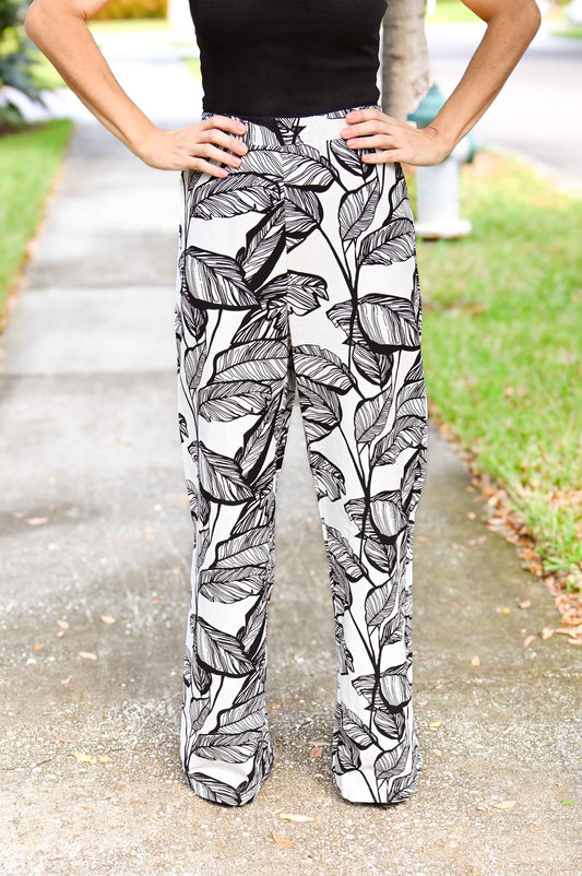 Tropical Leaves Wide-Leg Pants